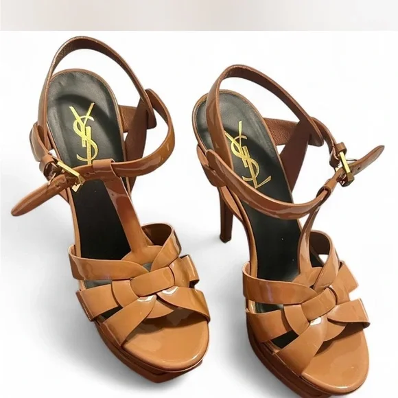 Authentic YSL Saint Laurent Tribute High Heel Sandals W Platform Camel/Tan